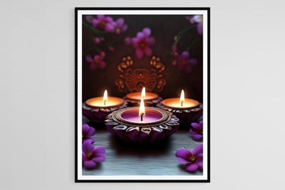 Diwali Candle Art Print Festive Purple Diya Illustration Indian Festival Decor