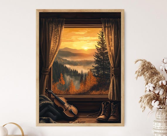 Appalachian Music And Evening Light Wall Art Cabin Window With Fiddle And Mountain Sunset View