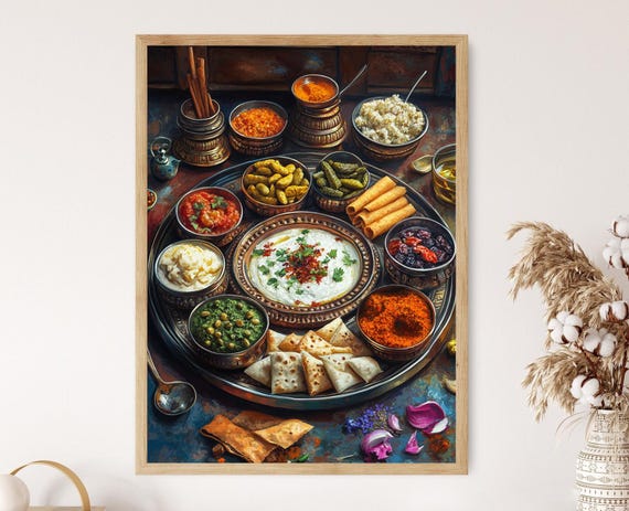 Gujarati Thali Art Traditional Indian Feast And Culinary Culture Print Indian Restaurant Art