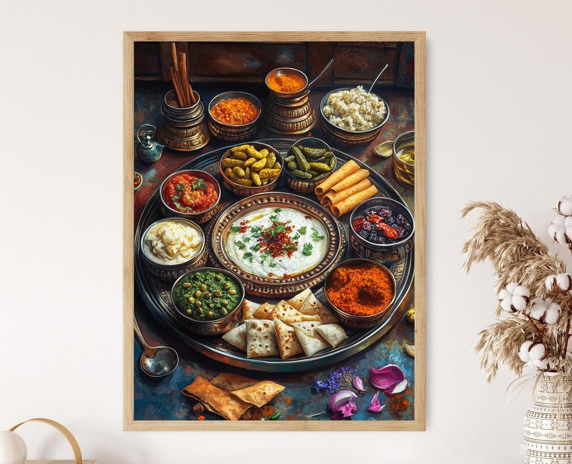 Gujarati Thali Art Traditional Indian Feast And Culinary Culture Print Indian Restaurant Art