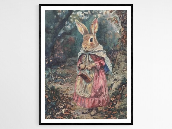 Storybook Rabbit Lady Reading Book In Autumn Woods Art Poster