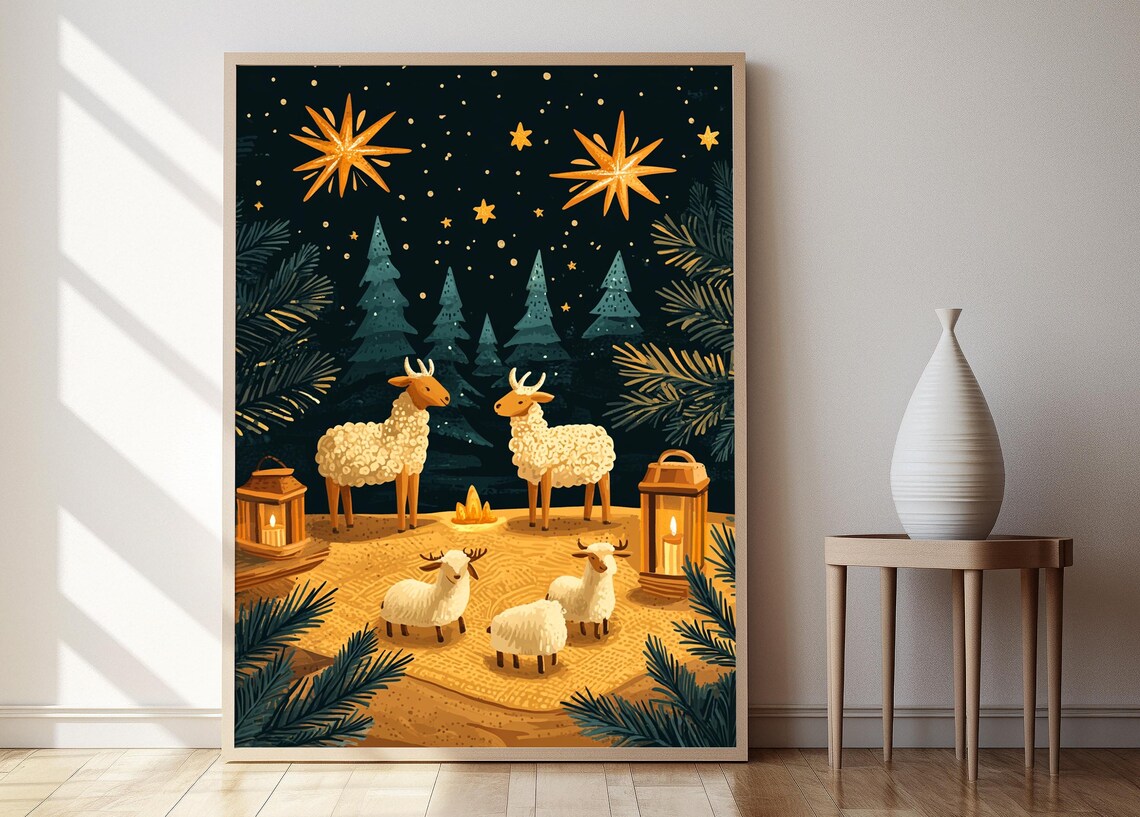 Shepherd Scene Ornament, Rustic Christian Art Print