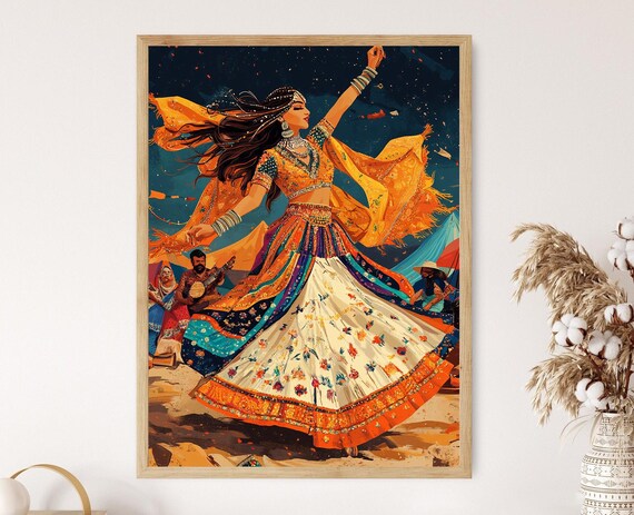 Pakistani Leva Folk Dance Woman in Orange Gown Dancing at Night Poster