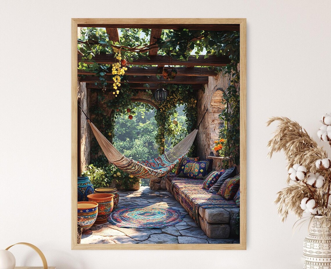Kurdish Patio Art Print, Traditional Ceramic Illustration