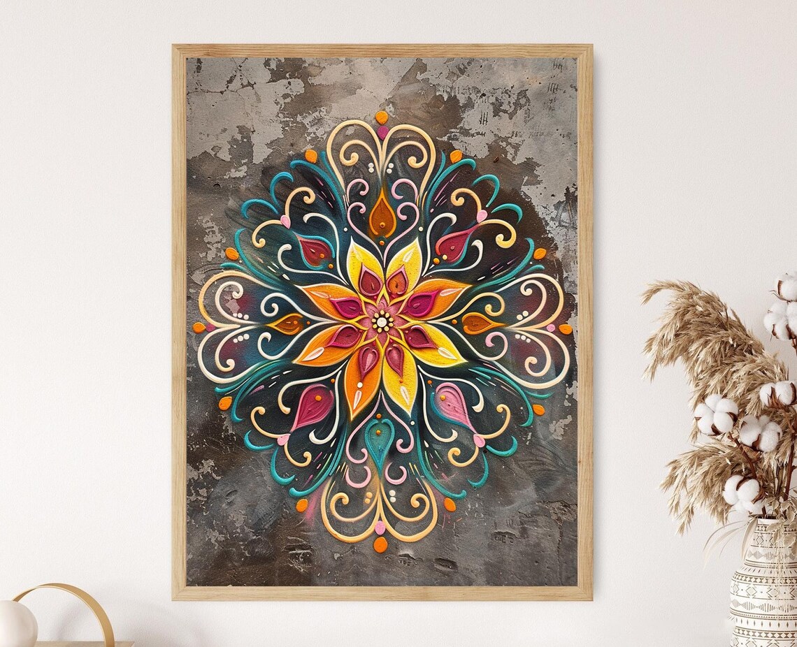 Colorful Rangoli Mandala Flower On Textured Gray Stone Poster