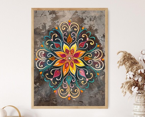 Colorful Rangoli Mandala Flower On Textured Gray Stone Poster