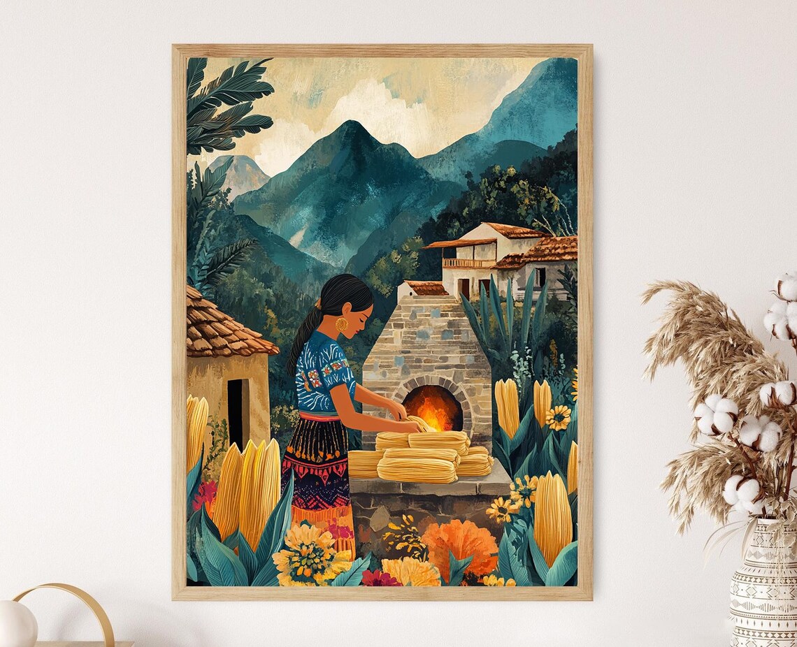 Guatemalan Woman Cooking Tamales Stone Oven Mountain Art Poster
