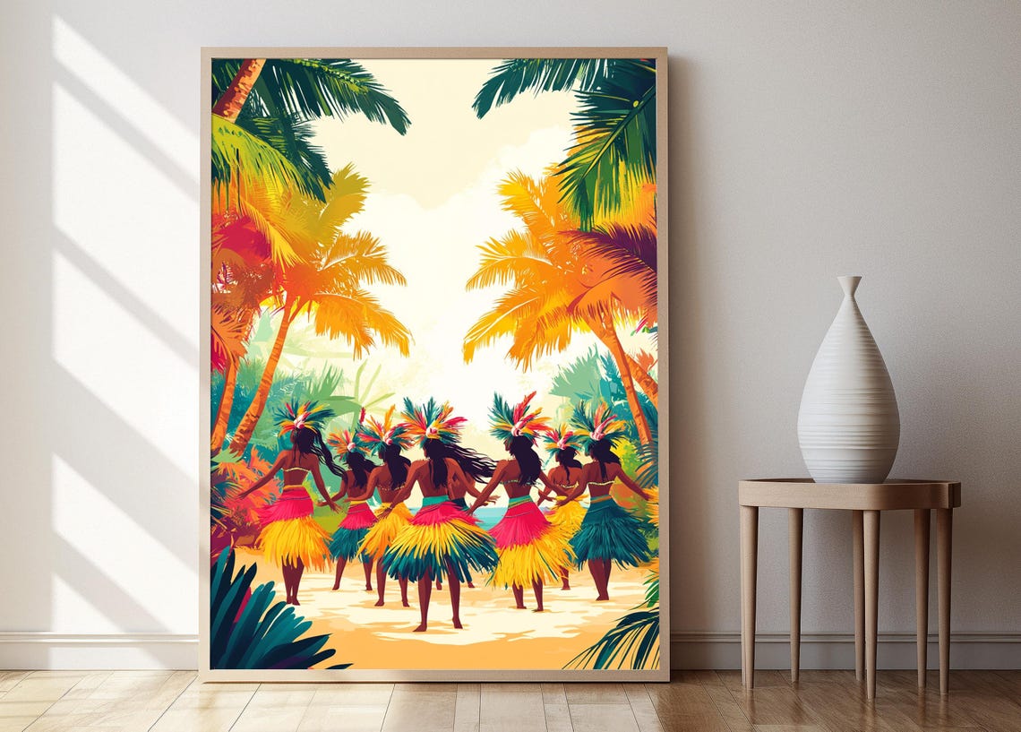Tahitian Dancers Illustration Tamure Dance And Pareo Art Print Polynesian Decor