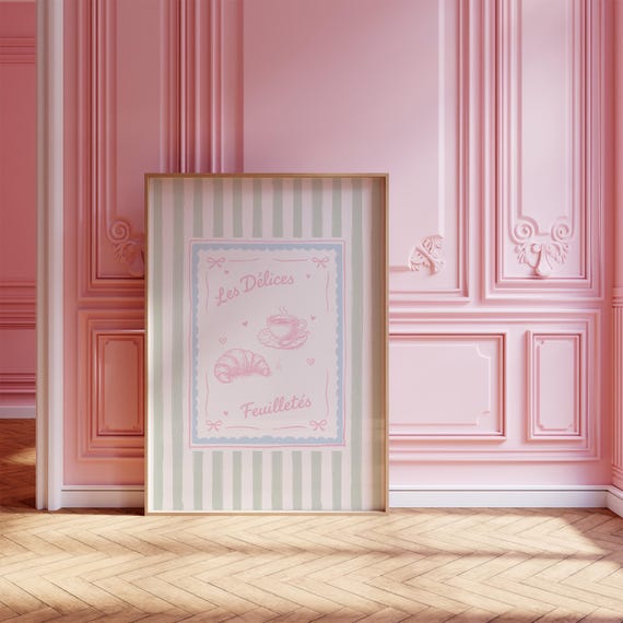 French Cafe Print Croissant Coffee Pastel Kitchen Art