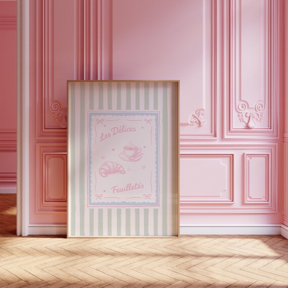 Les Delices Feuillettes Sage Green Stripe French Cafe Kitchen Print