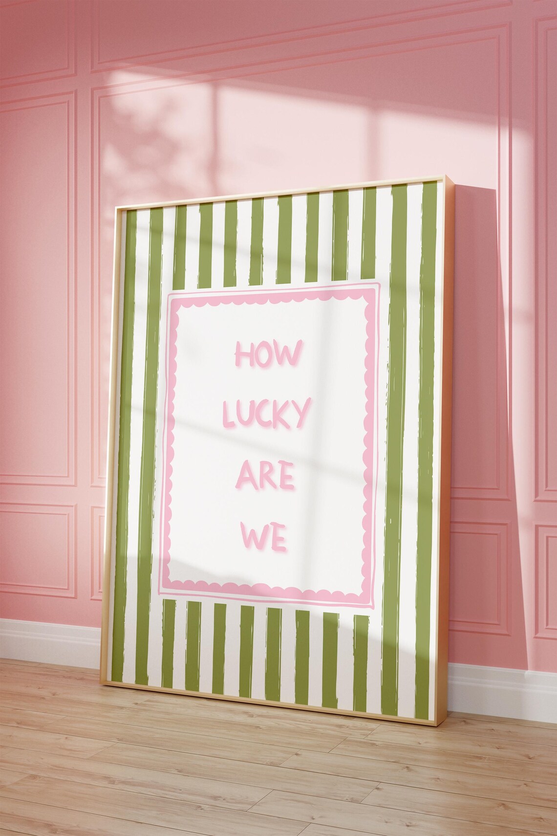 How Lucky Are We Inspirational Typography Green Stripes Preppy Poster