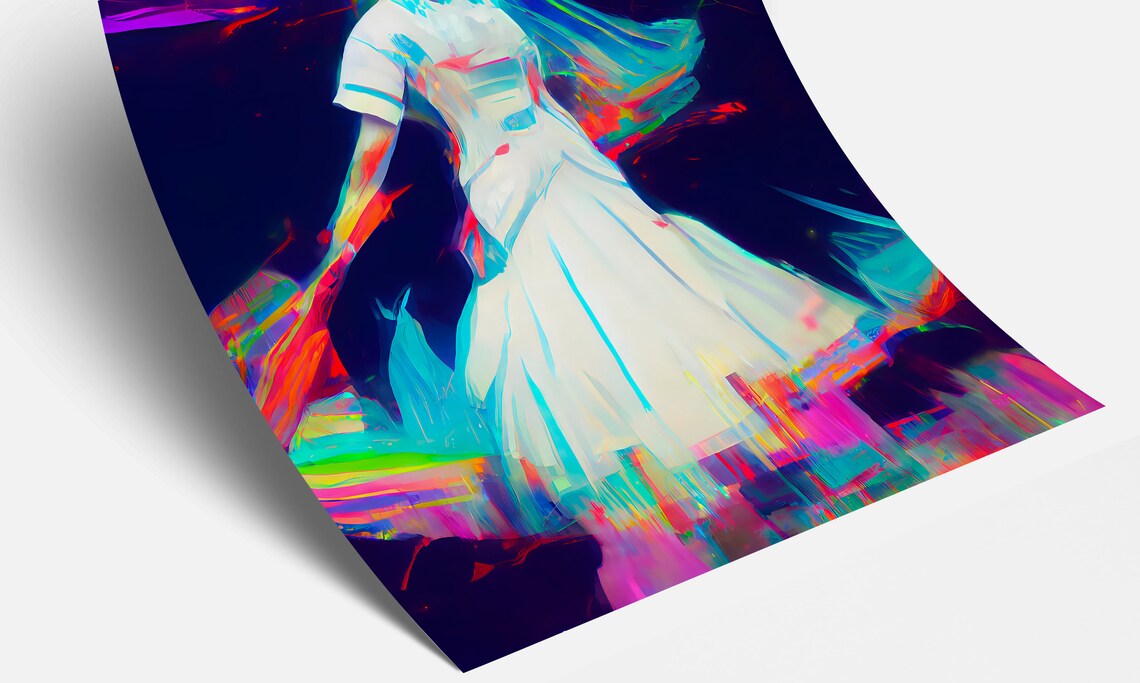 Neon Dancer in White Dress Vibrant Motion Art Painting Poster - Image 2