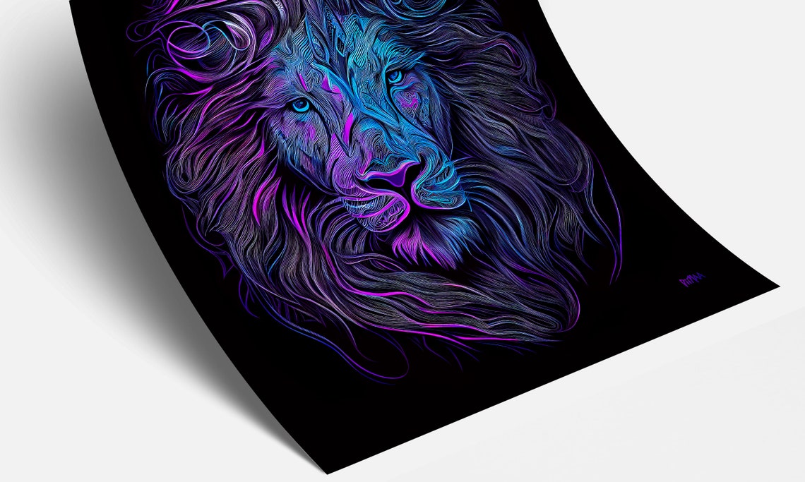 Neon Blue Lion Head Glowing Line Art on Black Background Wall Art - Image 3