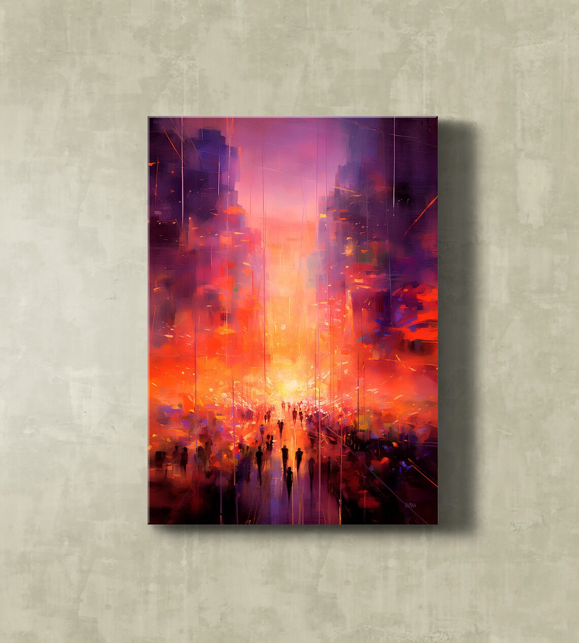 Abstract Orange Sunset City Crowd Street Oil Painting Art Poster