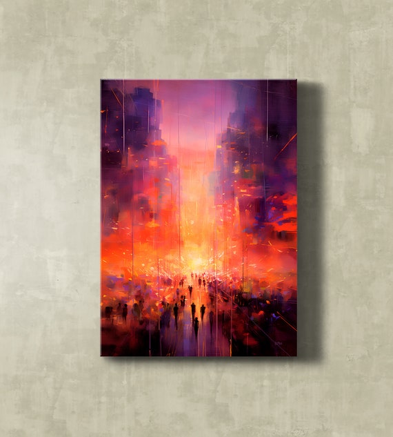 City Skyline Vibrant Brushstrokes Colorful Wall Art Decor Purple Wall Art Dcor Unique Abstract Painting For Home Fire Art Sunrise Painting
