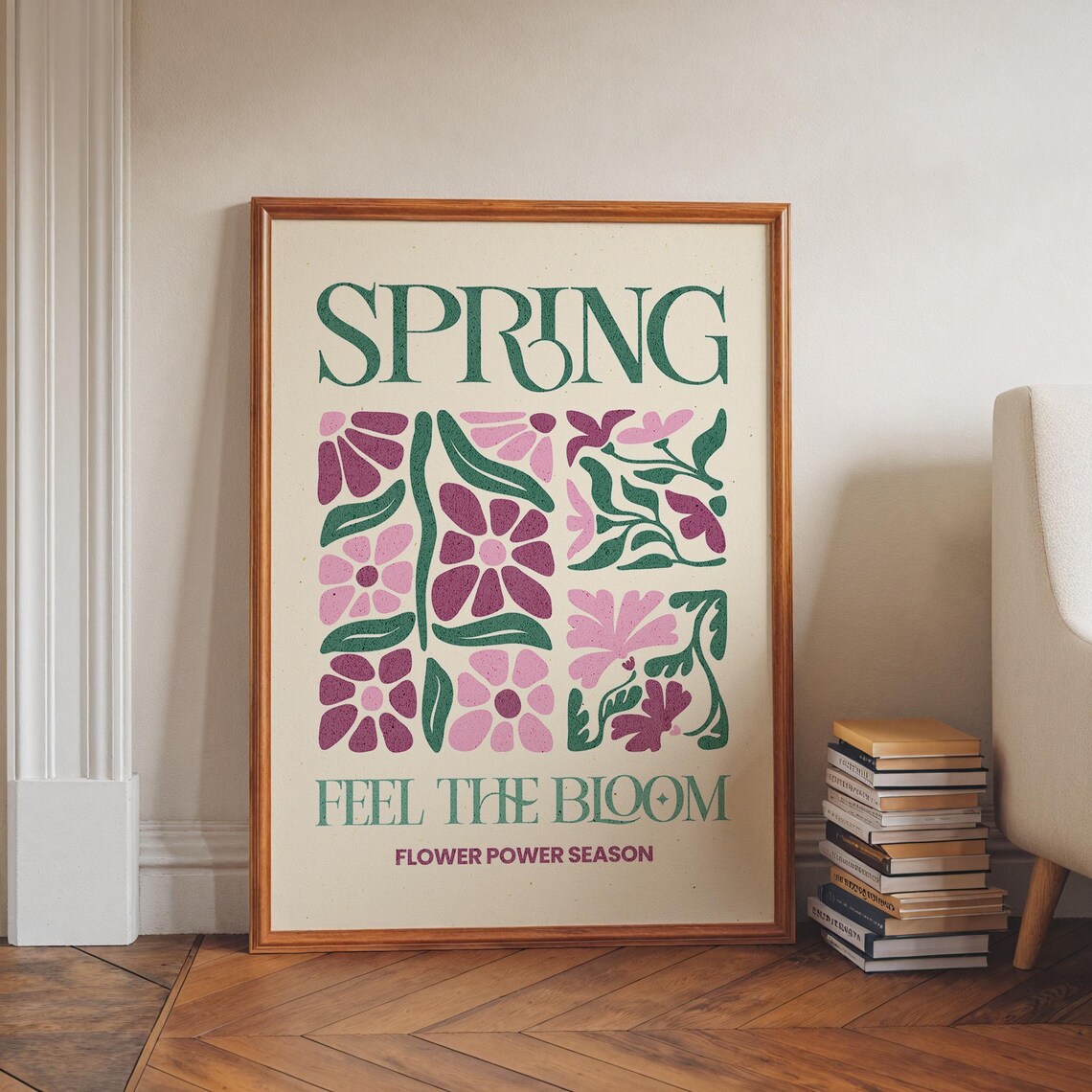 Spring Feel the Bloom Boho Floral Poster with Retro Lettering Style