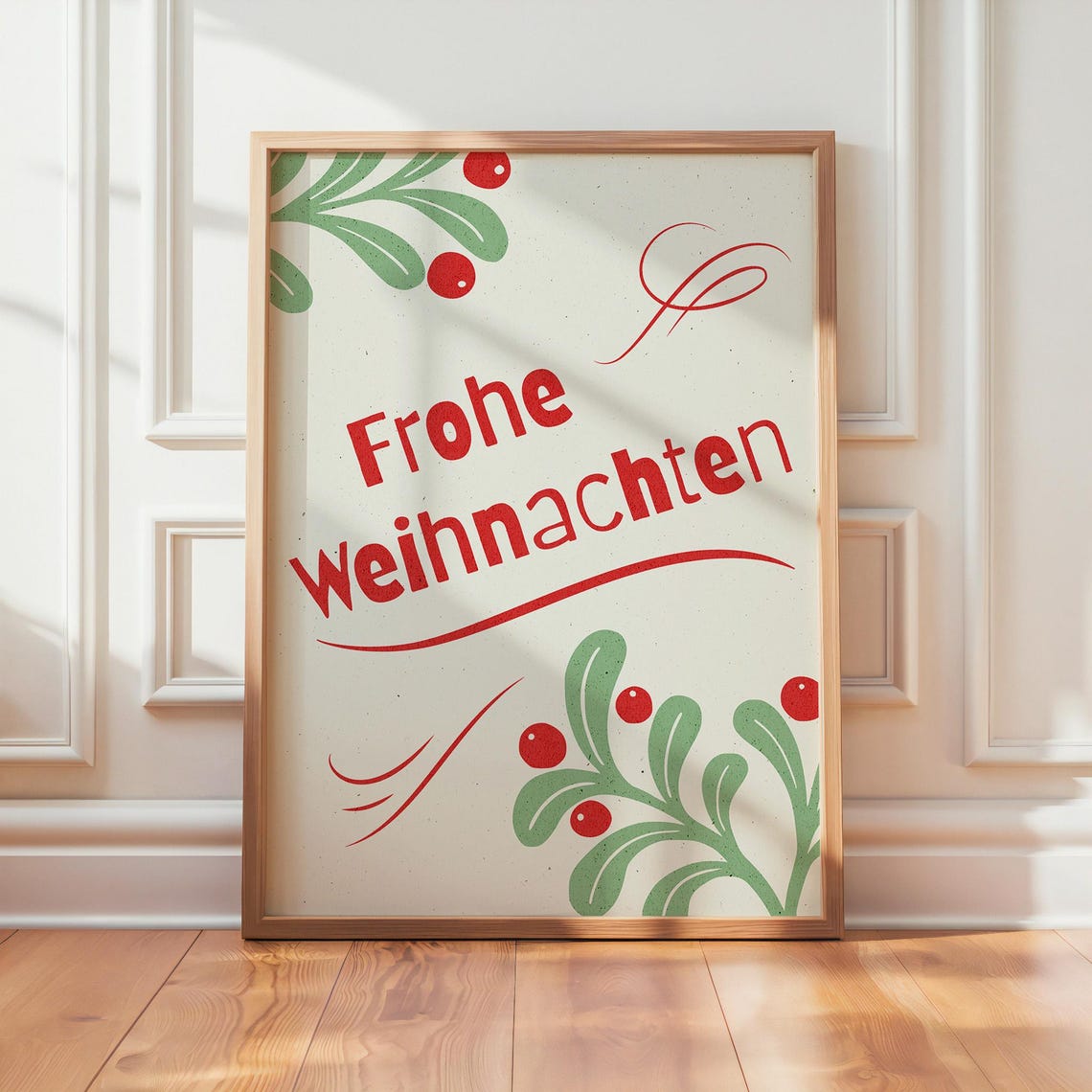 Frohe Weihnachten German Red Green Mistletoe Christmas Wall Art