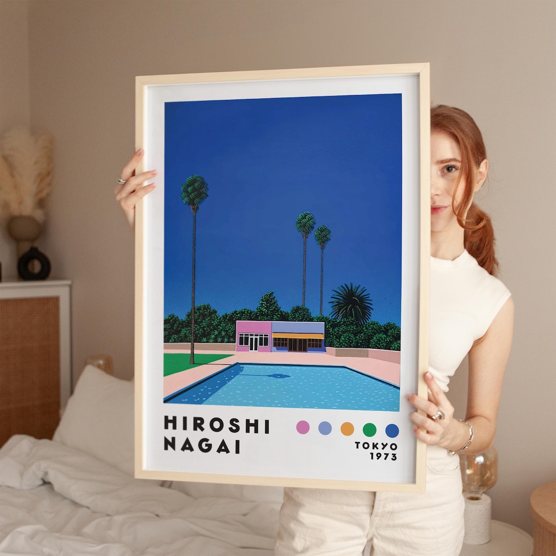 Hiroshi Nagai Pink Motel Pool With Palm Trees City Pop Retro Poster