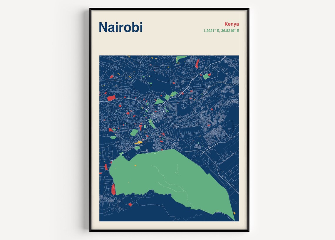 Nairobi Kenya Map Art Print, Travel Poster