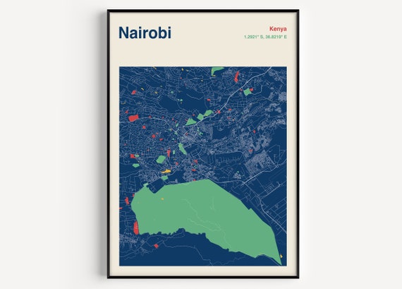 Nairobi Kenya Map Art Print, Travel Poster