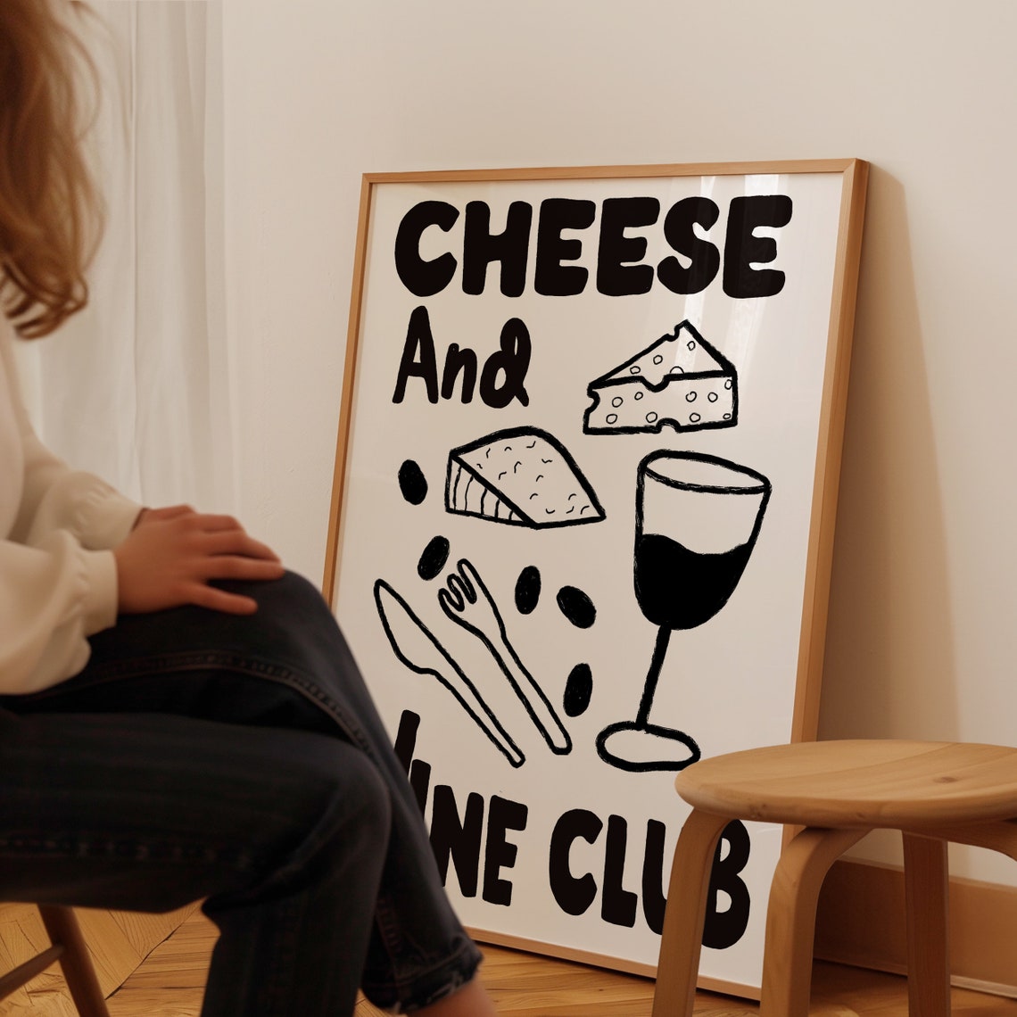 Cheese and Wine Club Black and White Illustrated Kitchen Poster - Image 3