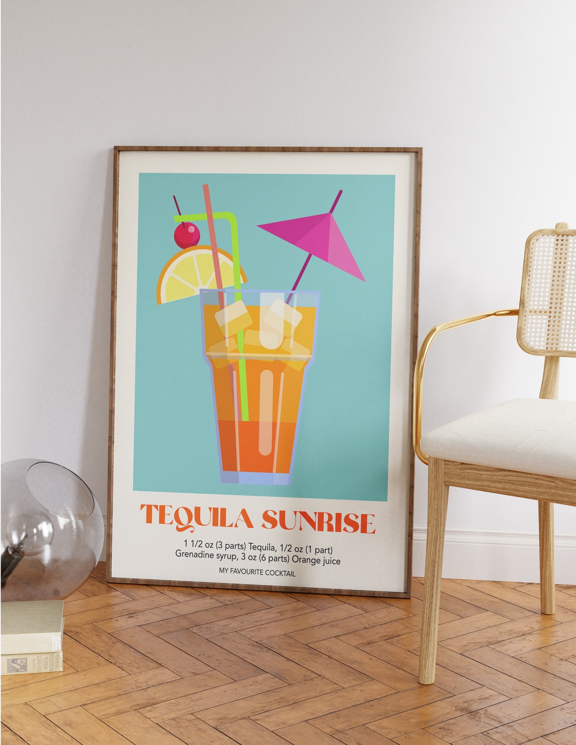 Tequila Sunrise Cocktail Recipe Retro Kitchen Bar Style Poster
