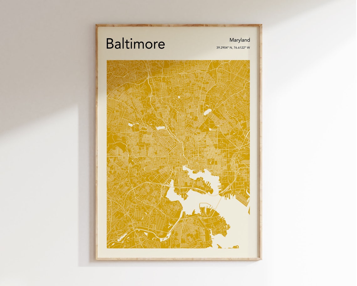 Baltimore Maryland Monochrome Gold Harbor City Street Map Poster