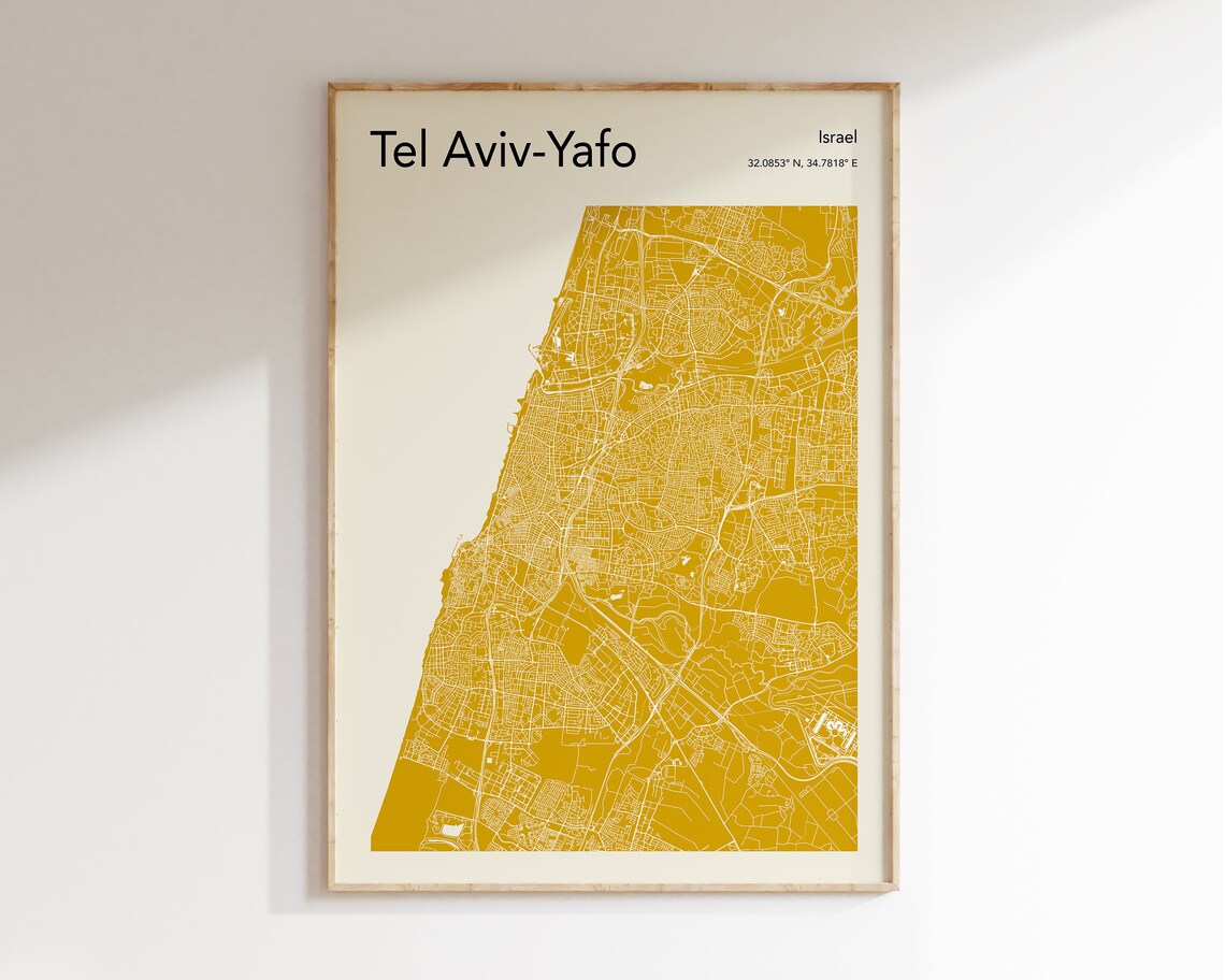 Tel Aviv Yafo Israel Monochrome Gold Coastal City Street Map Poster