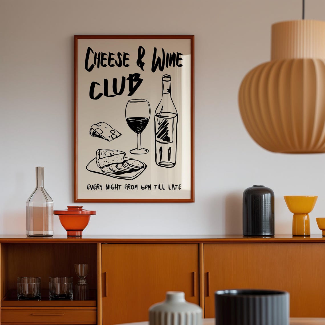Cheese And Wine Club Poster Hand Drawn Kitchen Retro Foodie Design - Image 3