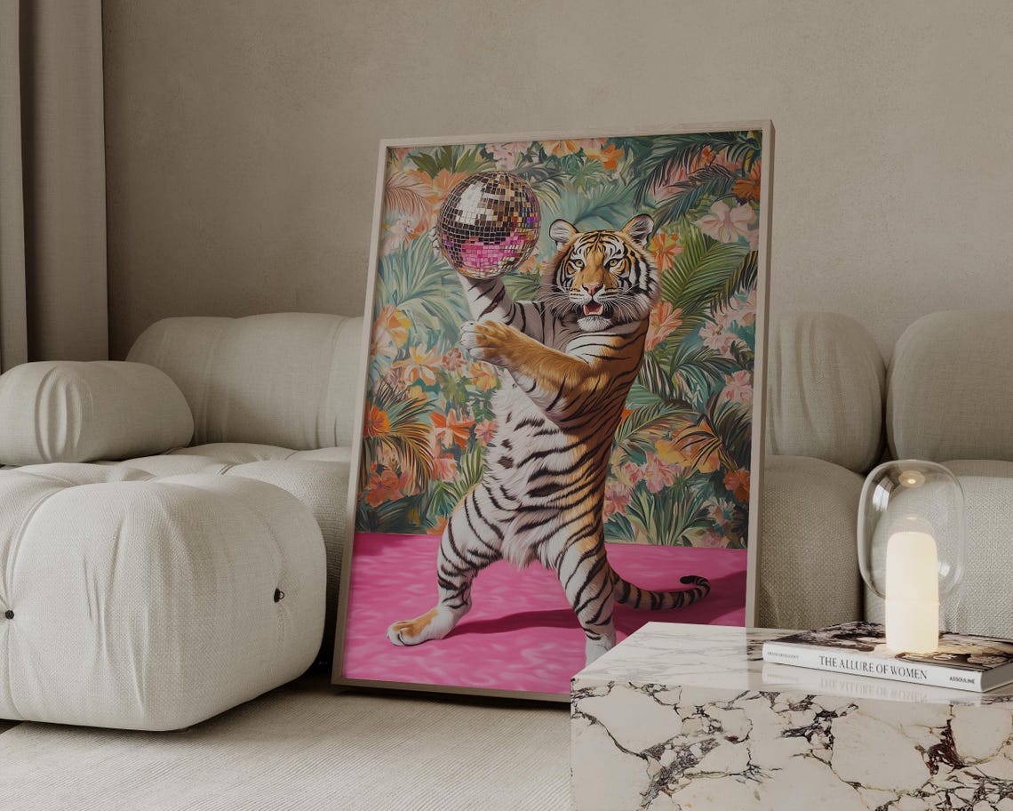 Tiger Holding Disco Ball Maximalist Tropical Painting Poster - Image 4