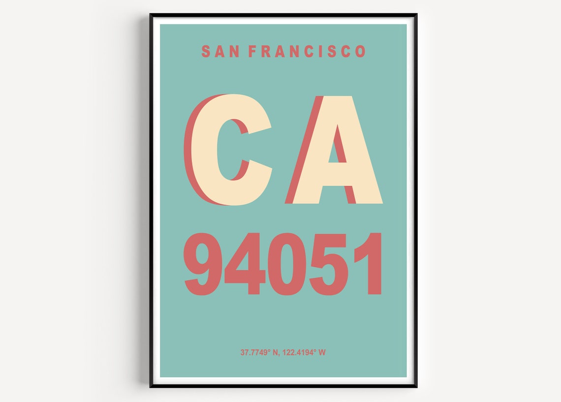 San Francisco CA 94051 Retro Teal Typographic Zip Code Poster
