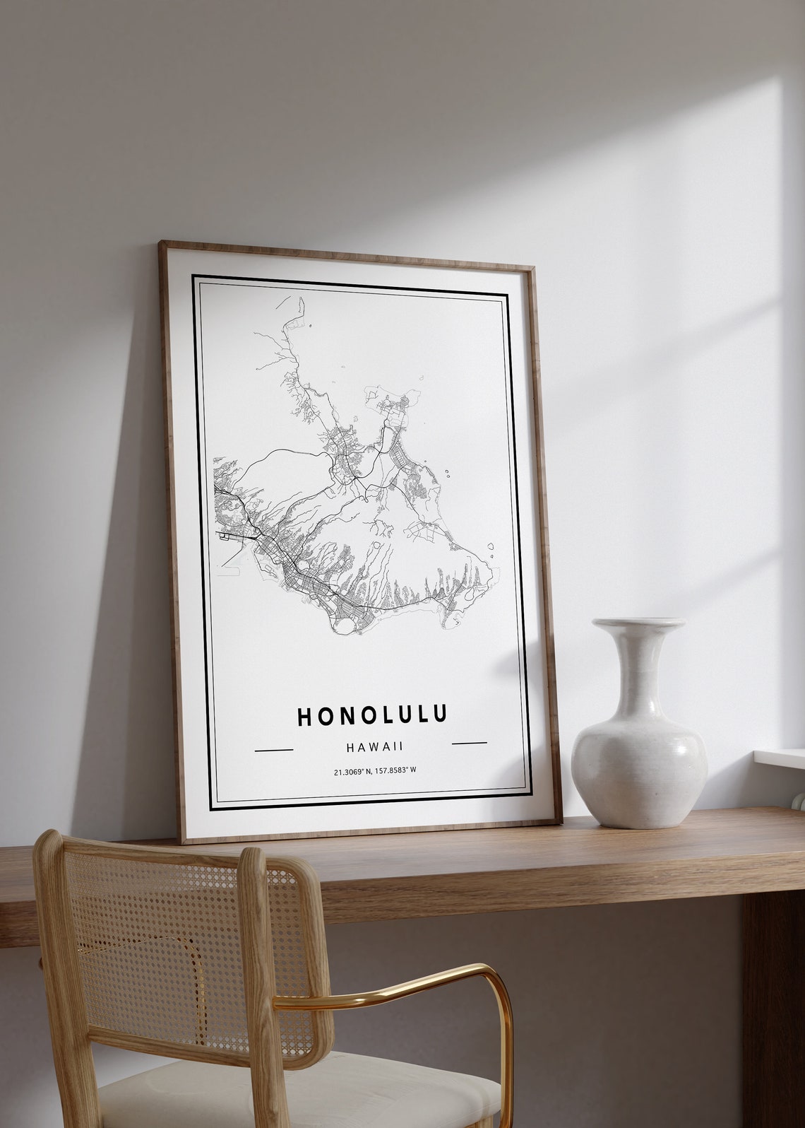Minimalist Honolulu Hawaii Black and White Island Map Poster - Image 2