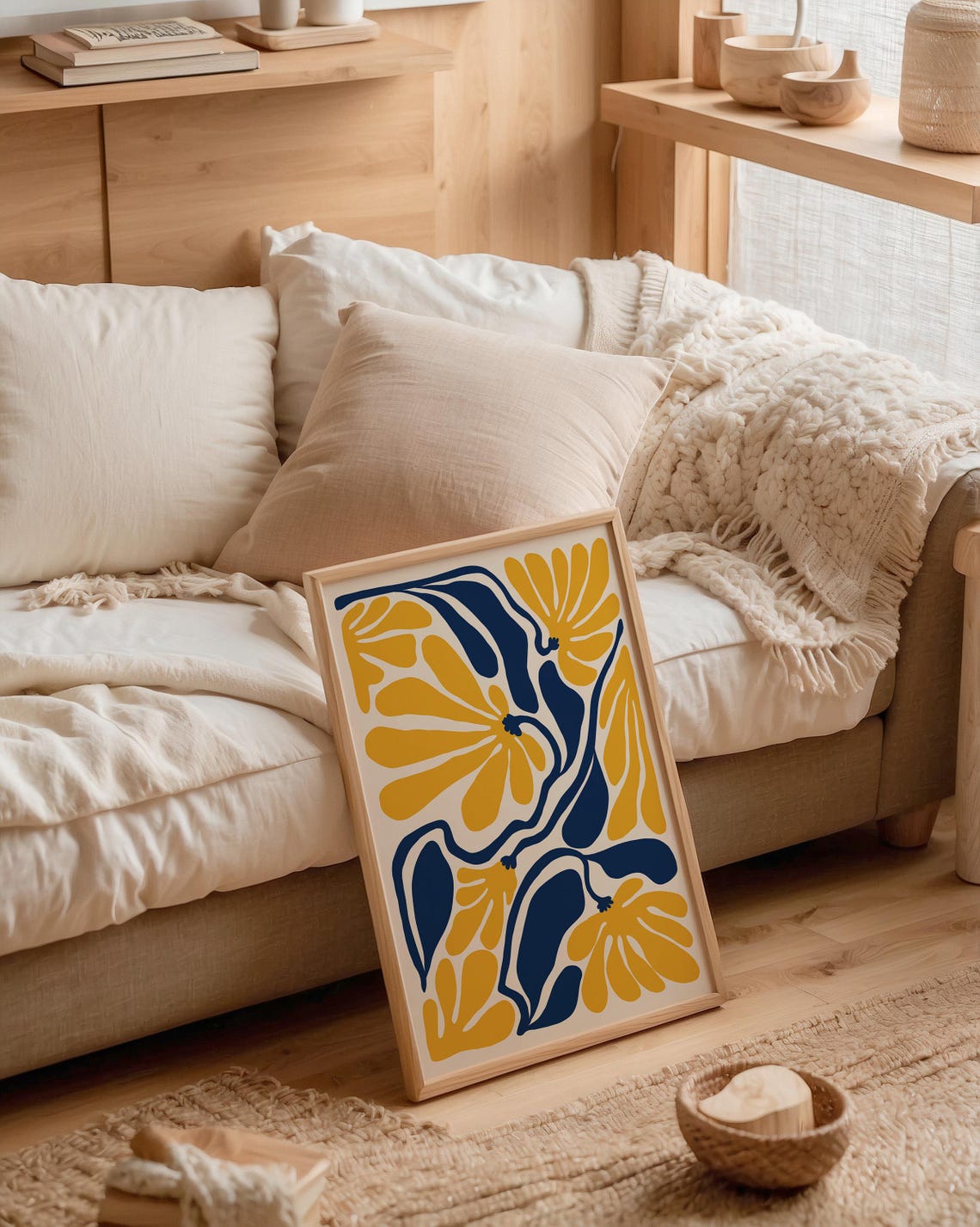 Matisse Style Cutout Floral Gold and Navy Abstract Botanical Poster - Image 2
