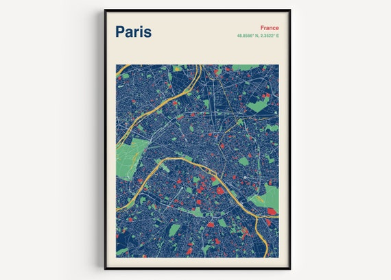 Paris City Map Poster, Colour Travel Map Print
