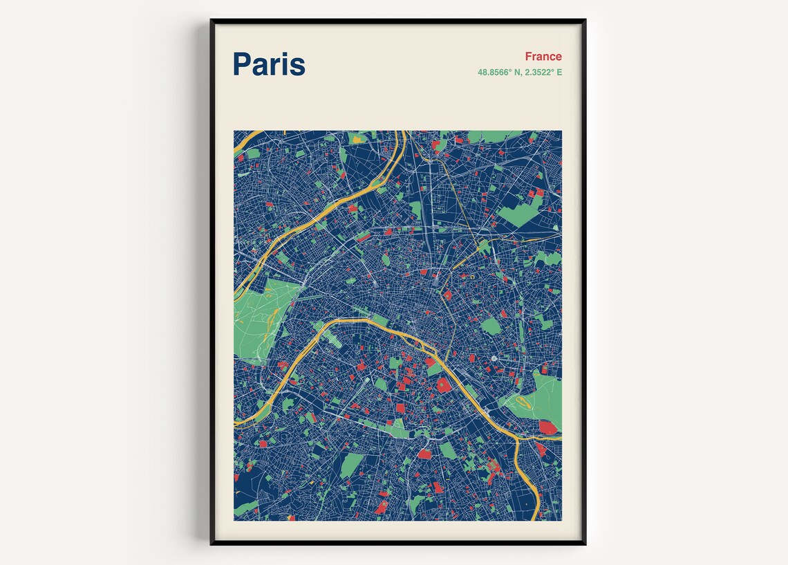 Paris City Map Poster, Colour Travel Map Print