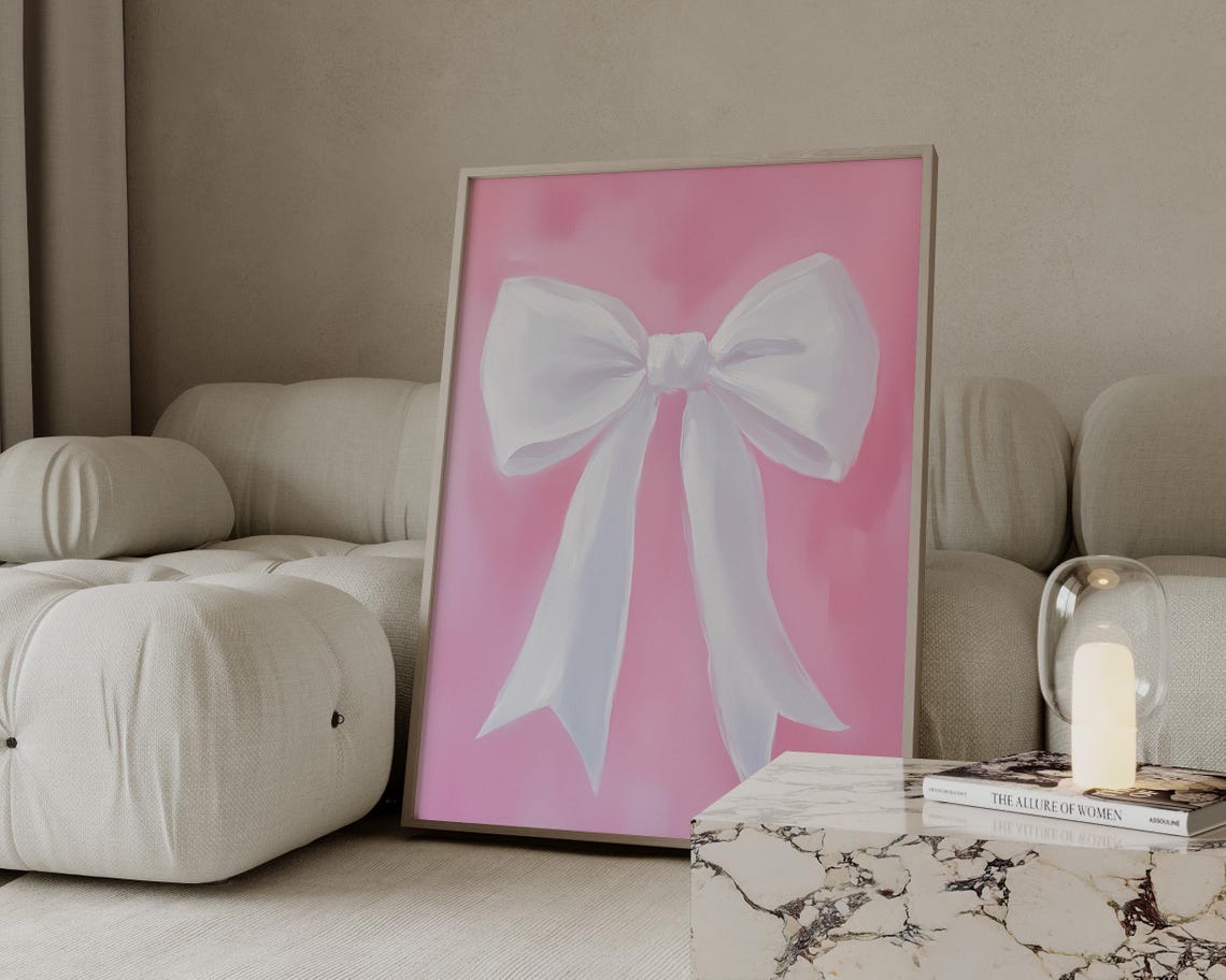 White Bow On Pink Watercolour Painting Preppy Coquette Girly Poster