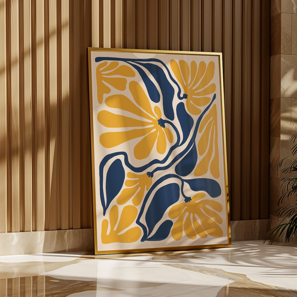 Matisse Style Cutout Floral Gold and Navy Abstract Botanical Poster - Image 3