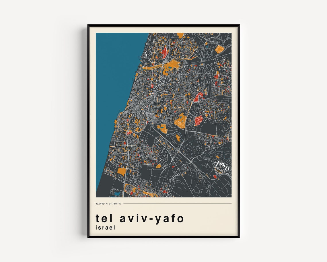 Tel Aviv Yafo Israel Retro Dark Coastal City Map Travel Poster