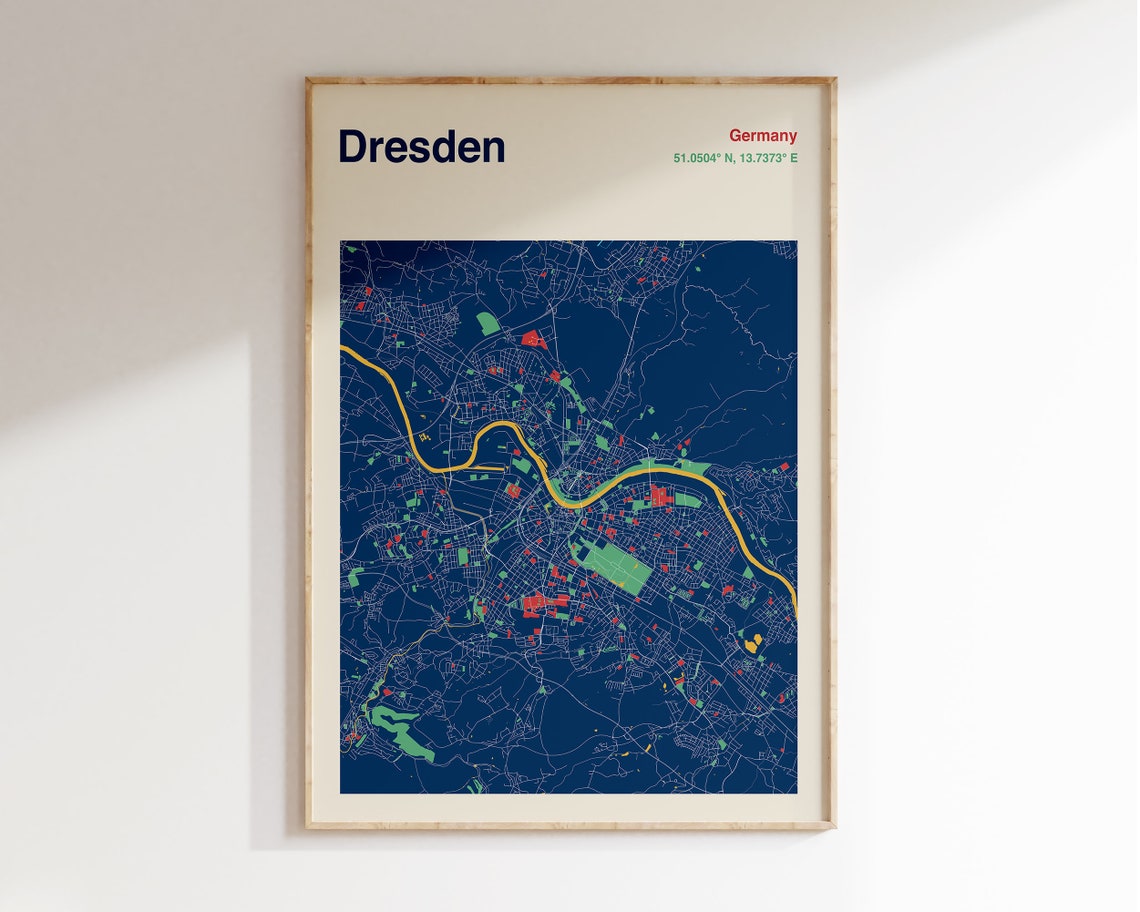 Dresden Germany Colourful Elbe River City Map Poster in Navy and Gold