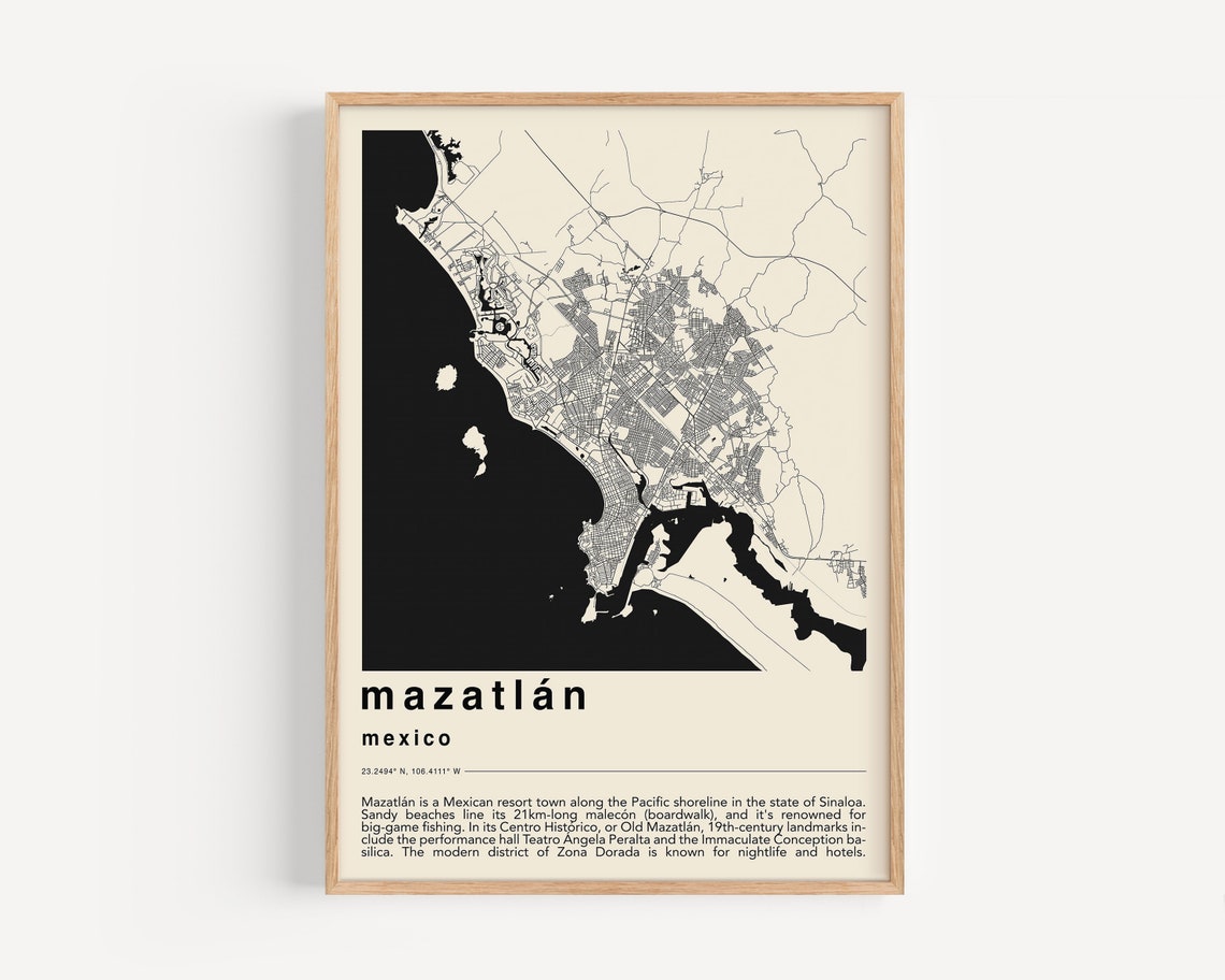 Mazatlan Mexico Black and Cream Minimalist Coastal Map Poster