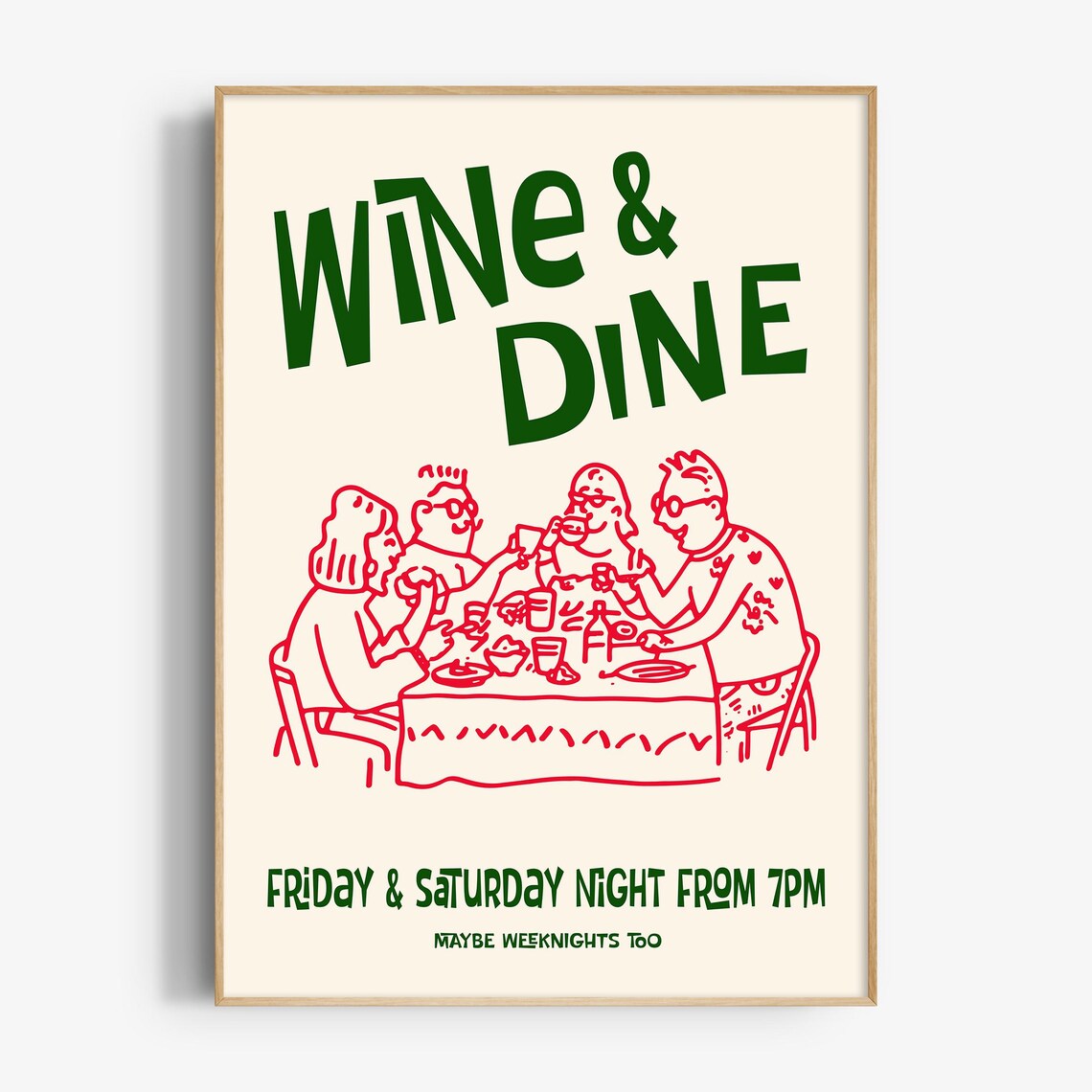 Wine And Dine Retro Dinner Party Hand Drawn Food Illustration Poster