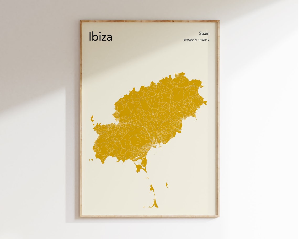 Ibiza Spain Mustard Minimalist Island Street Map Decor Poster