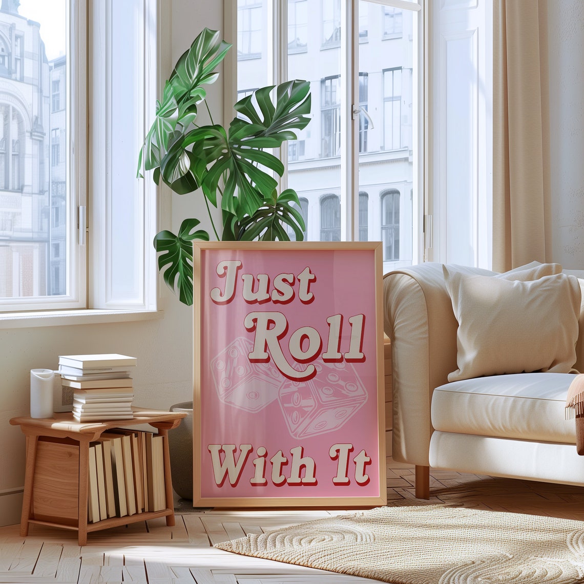 Just Roll With It Bold Cream Retro Dice Quote on Pink Poster - Image 3