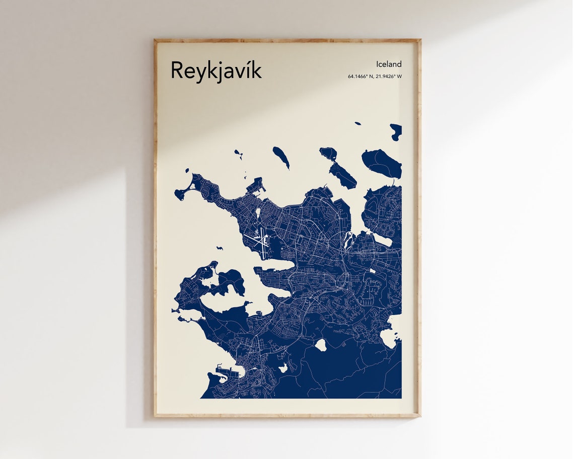 Reykjavik Iceland City Street Map Navy Blue Minimalist Art Print