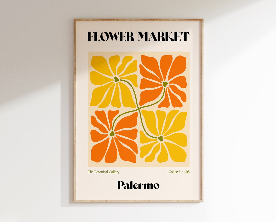 Palermo Flower Market Poster Retro Flower Market Wall Art Boho 70s Flower Market Orange Yellow Flower Market Retro Wall Art F123