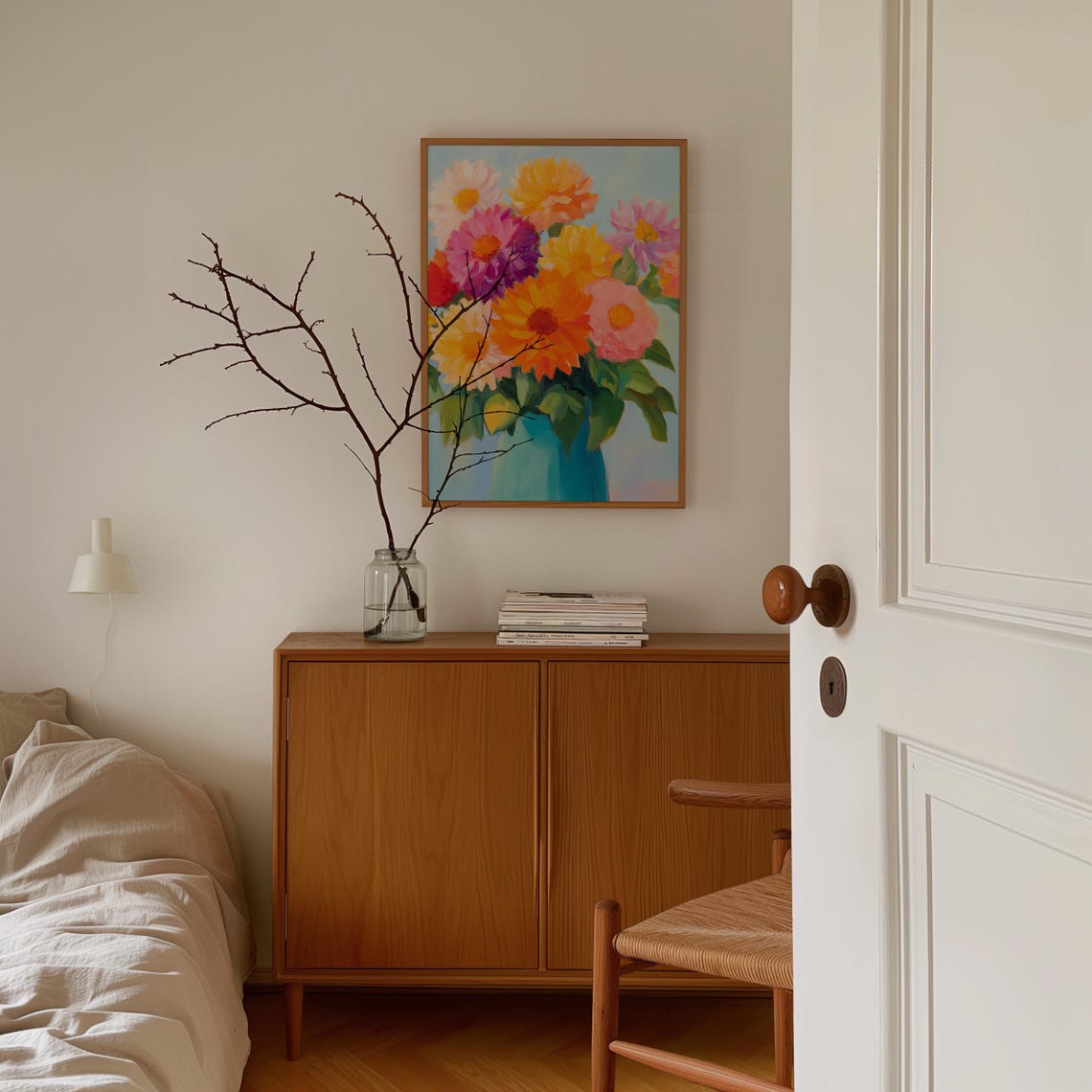 Colourful Zinnia Flower Bouquet Painting Blue Vase Still Life Poster - Image 3