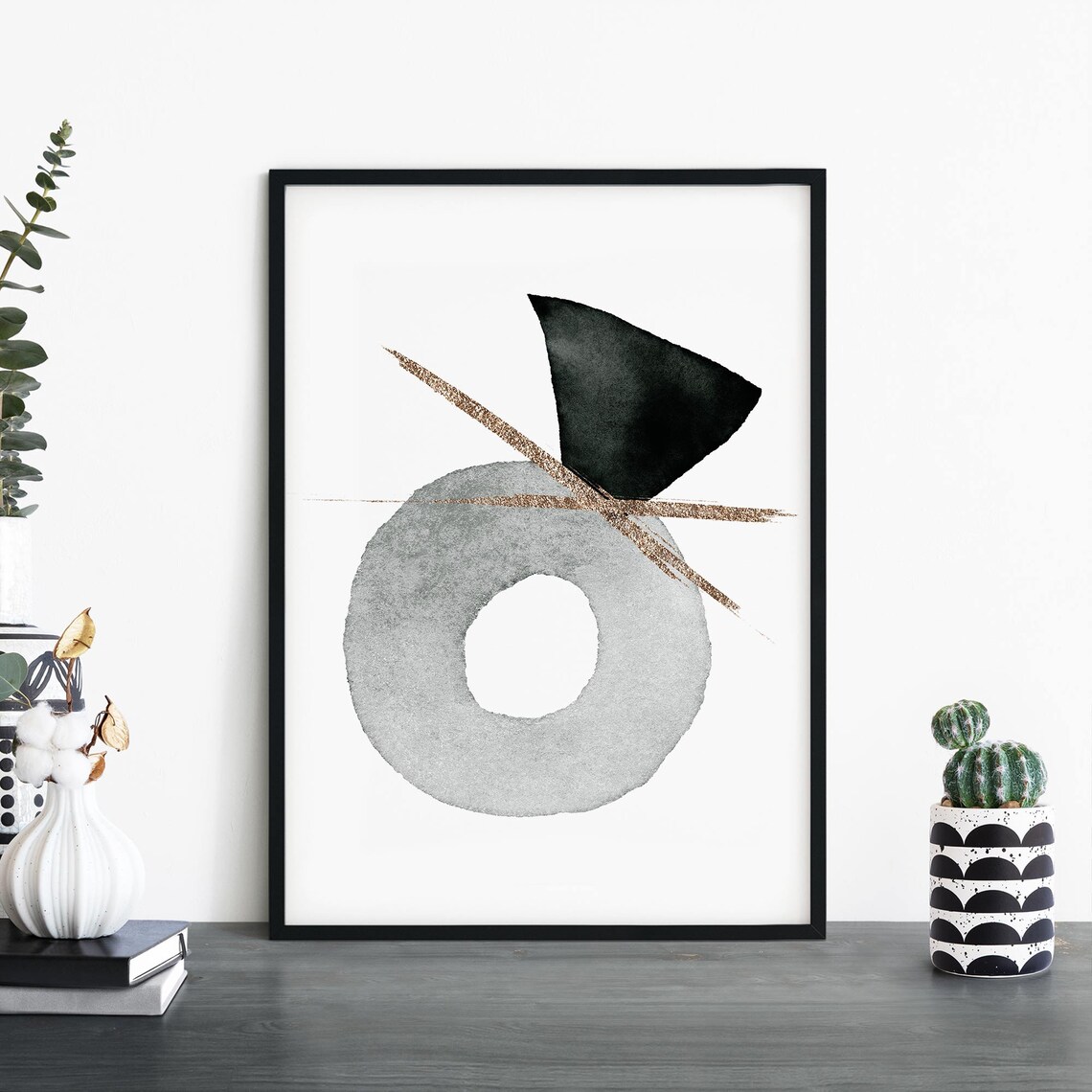 Black Grey Abstract Geometric Watercolor Circle Gold Line Art Print