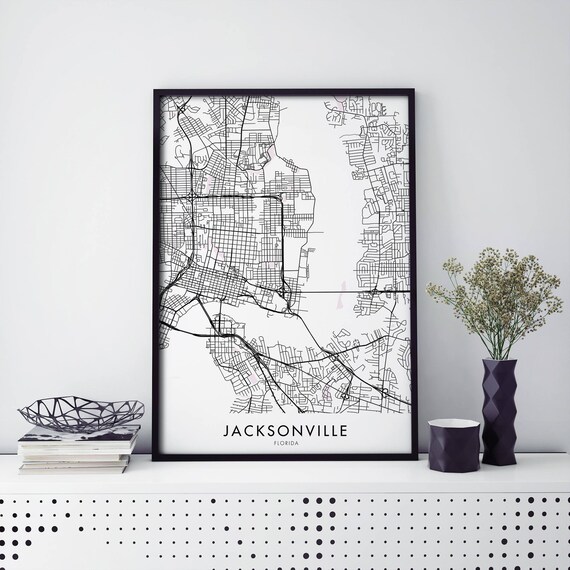 Jacksonville Florida Dark Ink Street Map Poster Black Frame Art