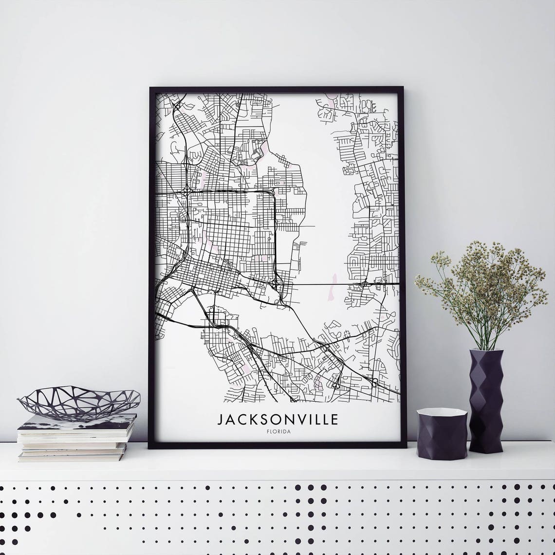 Jacksonville Florida Dark Ink Street Map Poster Black Frame Art