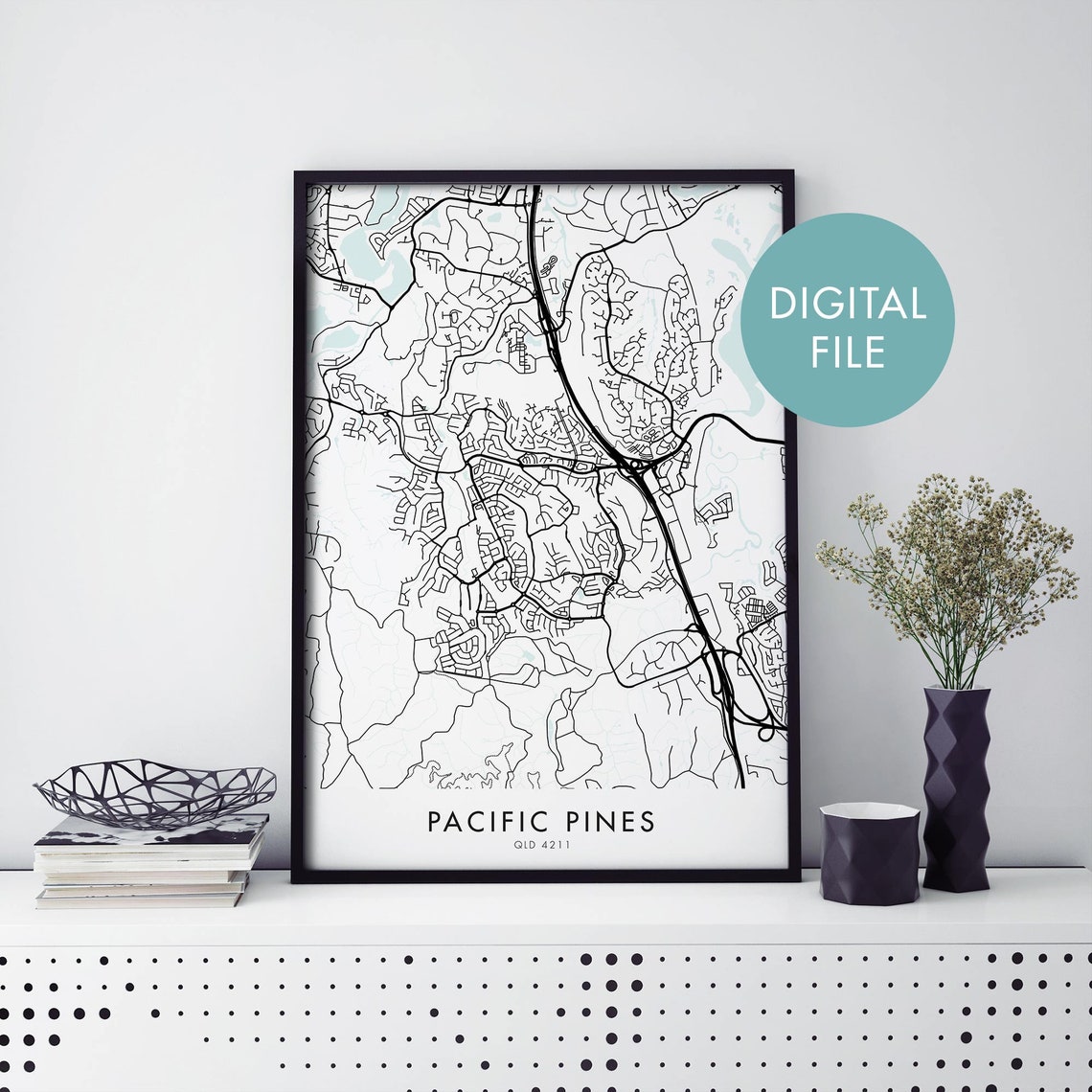 Pacific Pines QLD 4211 Minimalist Black And White City Map Art Poster